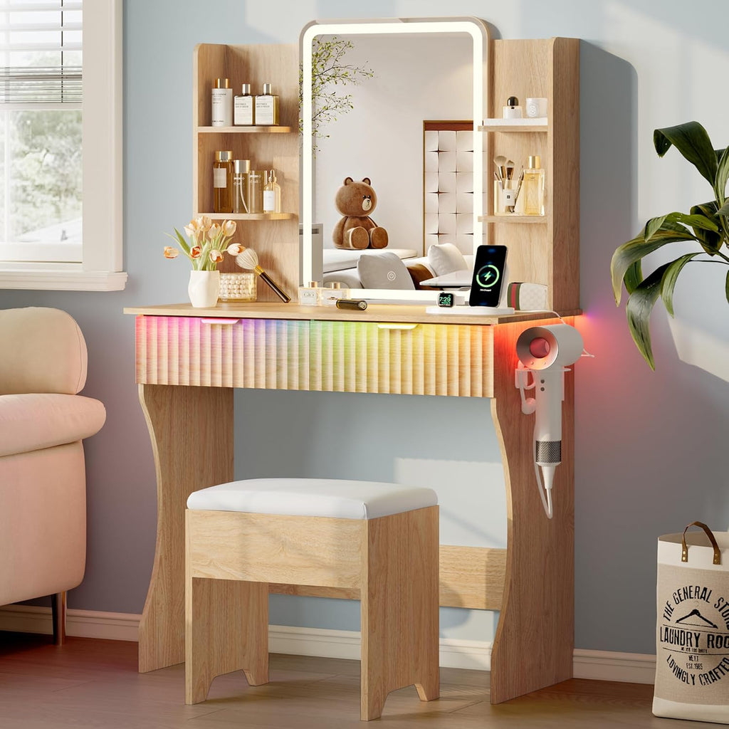 Vanity Desk with LED Lights Mirror & Power Outlet, Small Makeup Vanity Table Set with Storage Drawers & Chair, 3