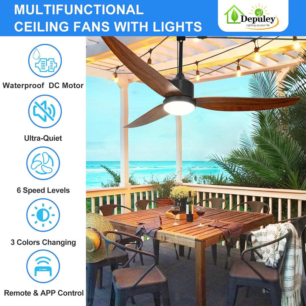 52 Inch Walnut Waterproof Gazebo Fans with Lights Outdoor Hanging - Plug in Fan for Patios - Dimmable Remote App Control