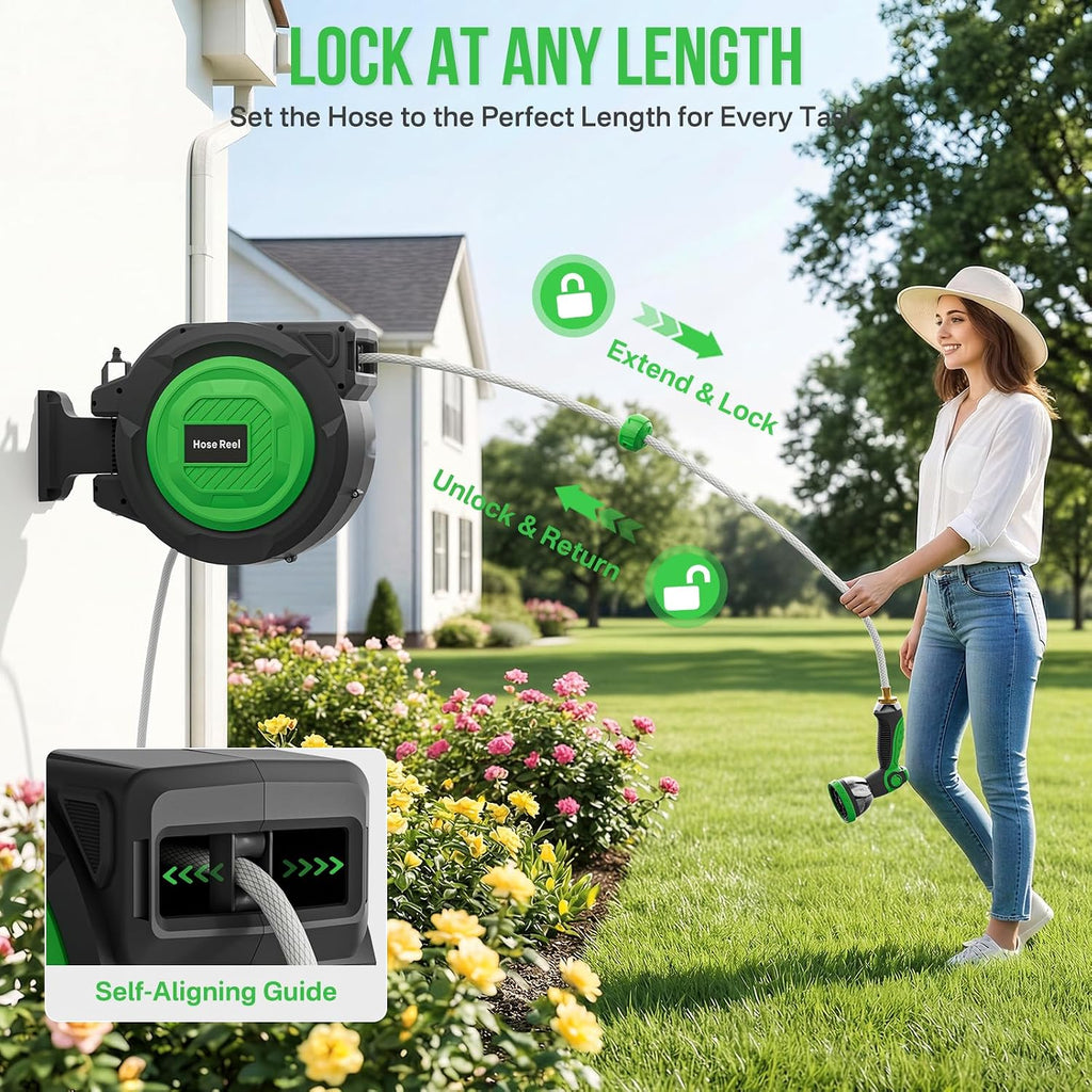 Retractable Garden Hose Reel, 1/2 in x 100 ft Automatic Slow Rewind System & Any Length Lock, Heavy Duty Wall-Mounted