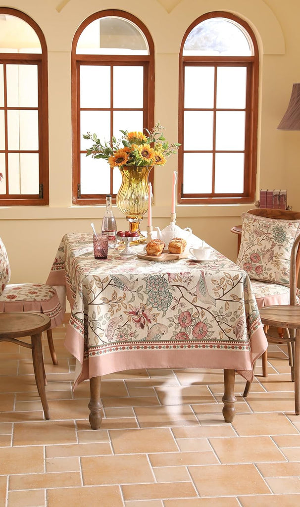 Designer Pink Linen Table Cloth for Rectangle Table,Vintage Floral with Birds Pattern Decorative Tab