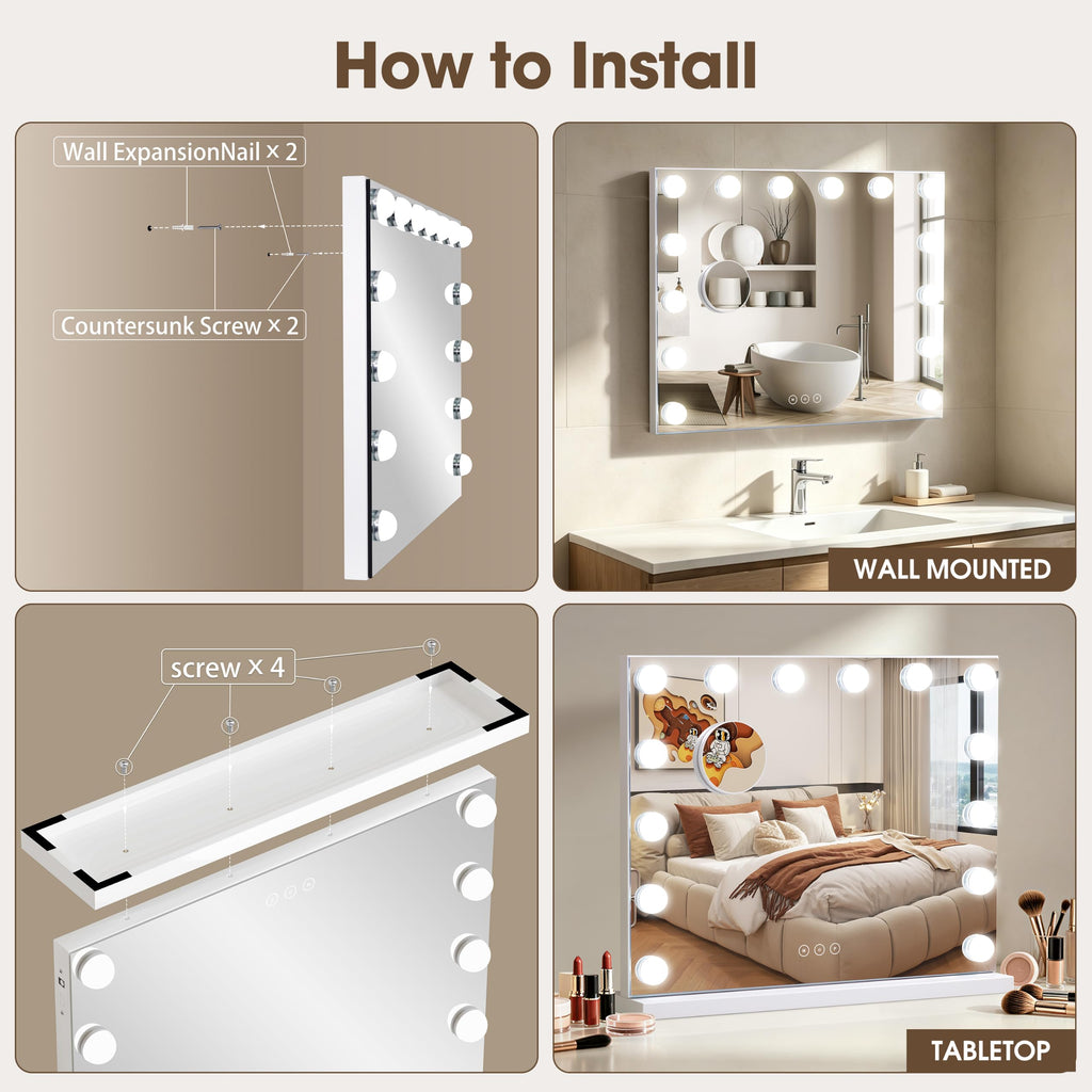 Vanity Mirror with Lights Lighted Makeup Mirror with Dimmable LED Bulbs,3 Color Lighting Modes,USB Charging Port