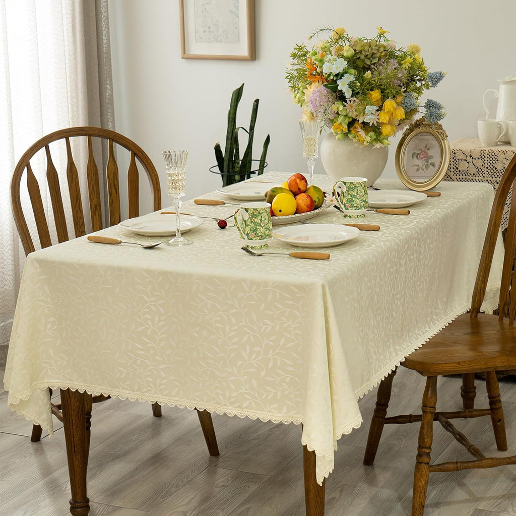 Textured Tablecloth Waterproof Spillproof Lace Trim Rectangle Jacquard Fabric Table Cloth, Kitchen D