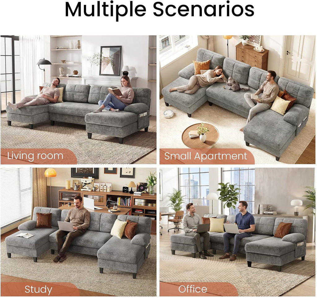 U-Shaped Sectional Couch , 112" Sectional Sofa with Double Chaise, Modern Sofa Deep Seat Couches , Grey