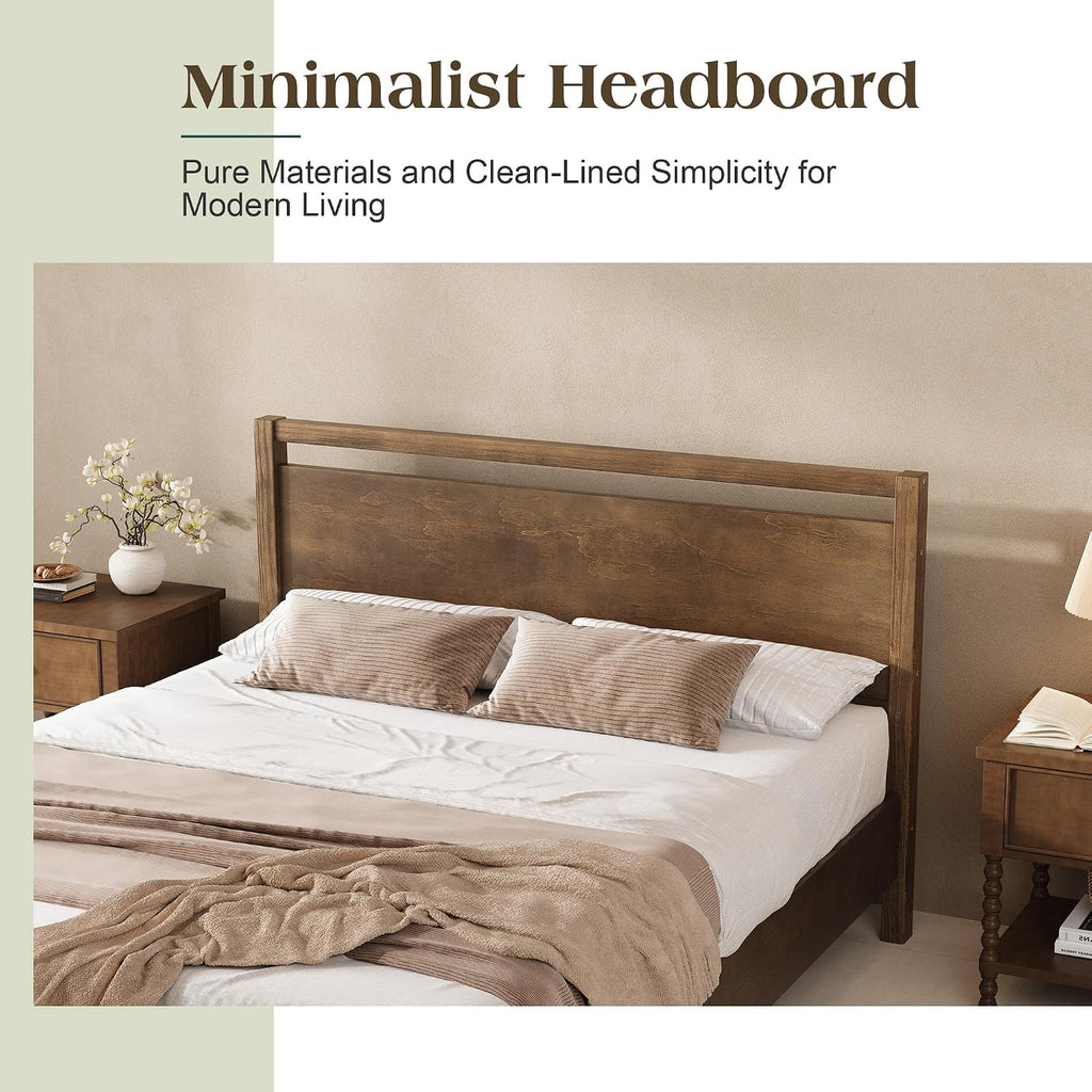 Queen Solid Wood Bed Frame with Headboard, Minimalist Platform Bed with Wooden Slats Support/No Box Spring