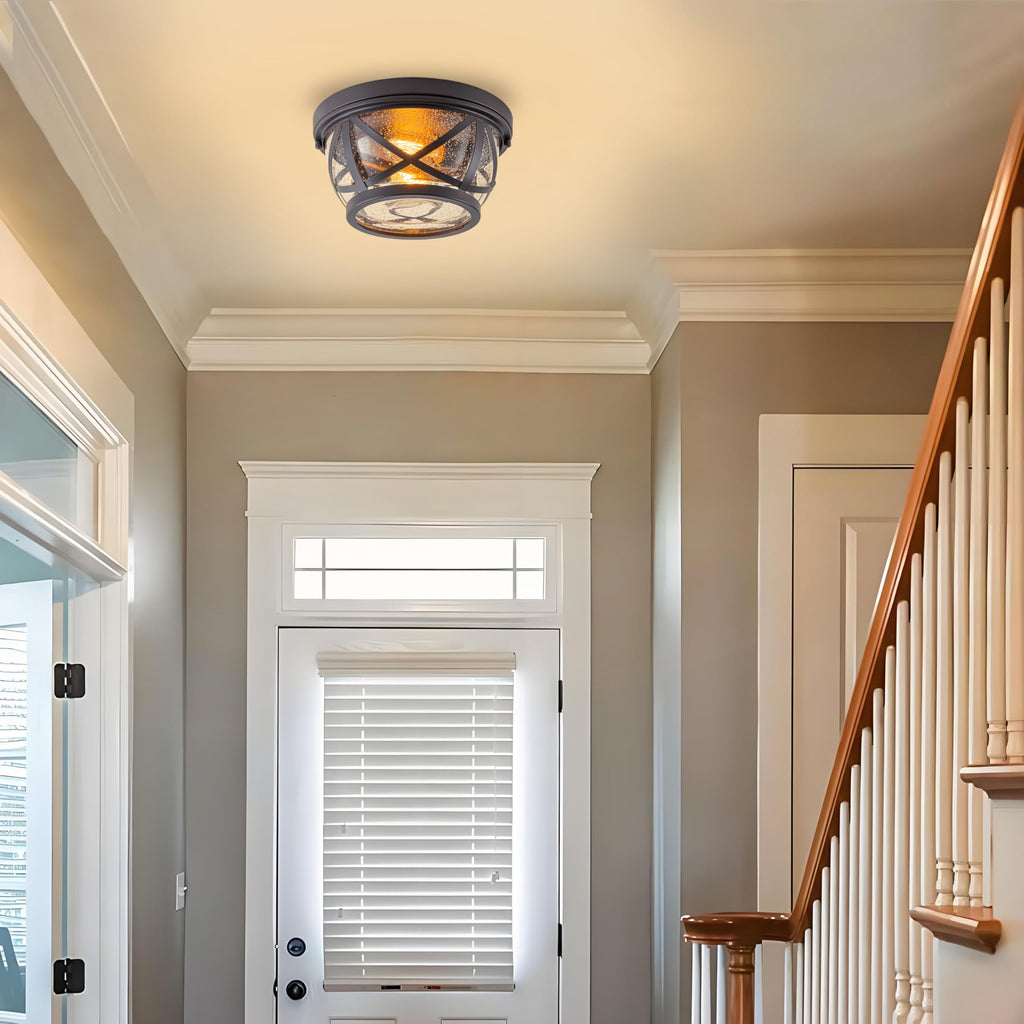 Bronze Flush Mount Ceiling Light Fixtures, 2-Light Ceiling Mount for Industrial with Seeded Glass Lampshade, Modern