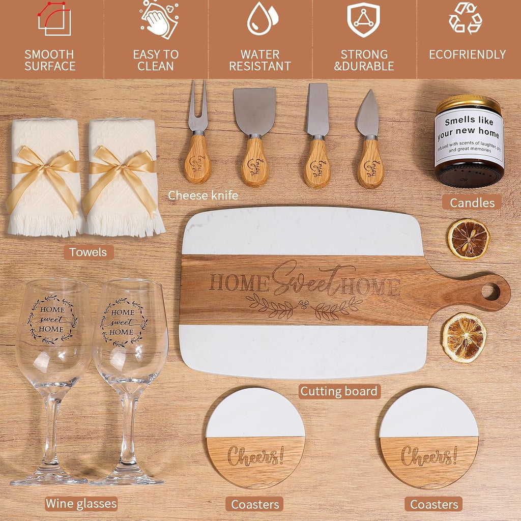House Warming Gifts New Home - Marble & Acacia Wood Cheese Board, 4 Cheese Knives, Candle, 2 Wine Glasses, 2