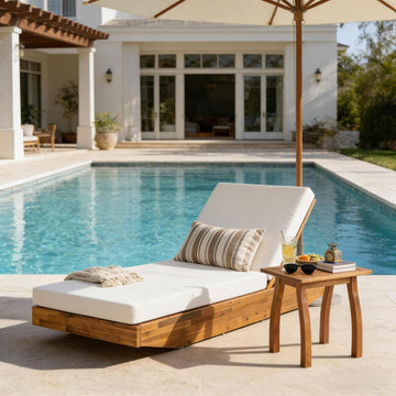 Acacia Wood Chaise Lounge with Cushion - Teak Finish Outdoor Recliner with Cream Water-Repellent Cushion, 79.6" L x 29" W, 300 lbs