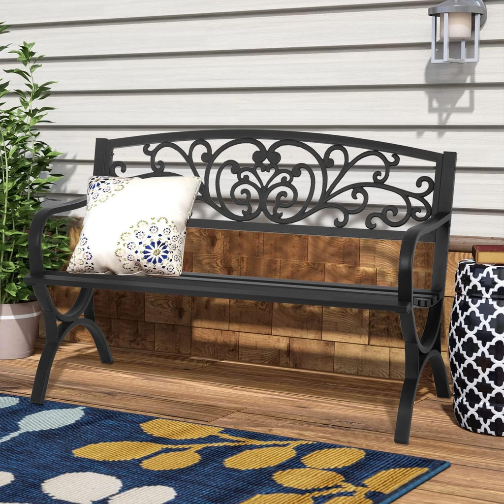 Garden Bench 50 inch Outdoor Metal Loveseat Chairs with Armrests Slatted Seat and w/Floral Design Backrest for Park