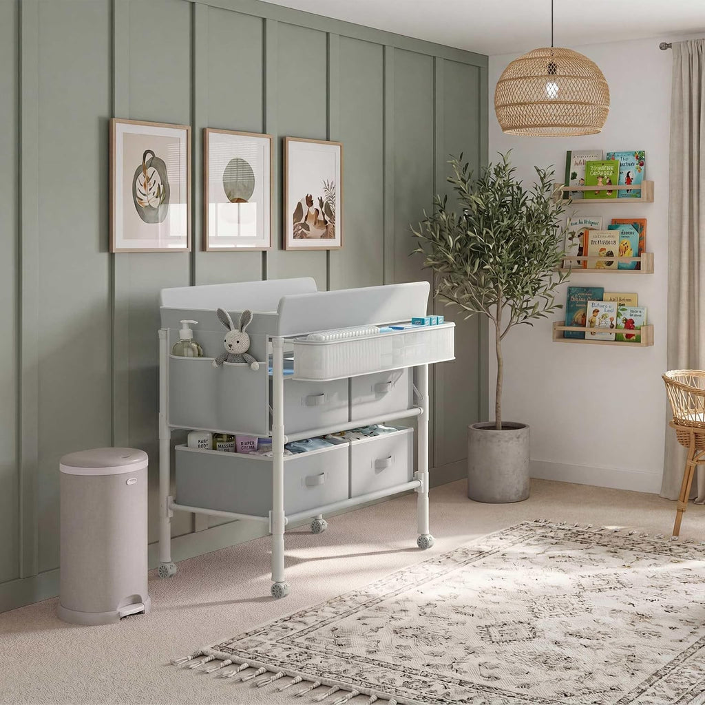 Baby Changing Table with 4 Drawers, Waterproof Diaper Changing Station with Storage, Adjustable Height Baby Changing