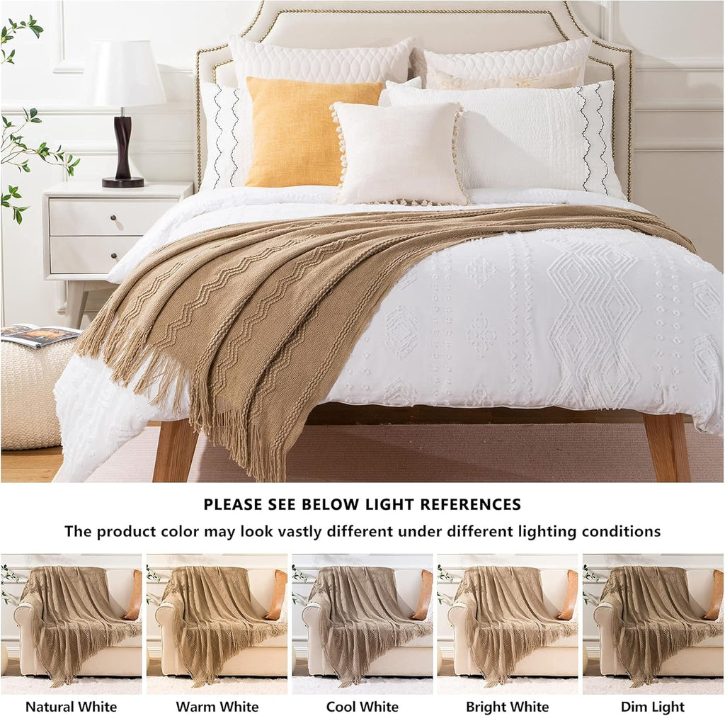 Boho Farmhouse Throw Blanket, 50x60 Tan Taupe Living Room Decor