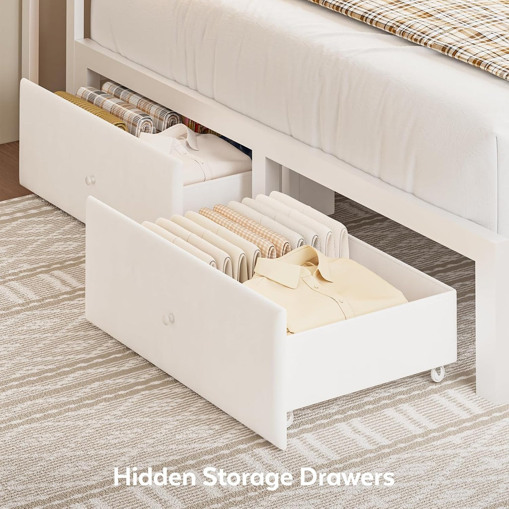 Queen Corner Bed Frame with Storage Drawers, Modern Daybed with LED Lights and Charging Station, Metal Platform Bed