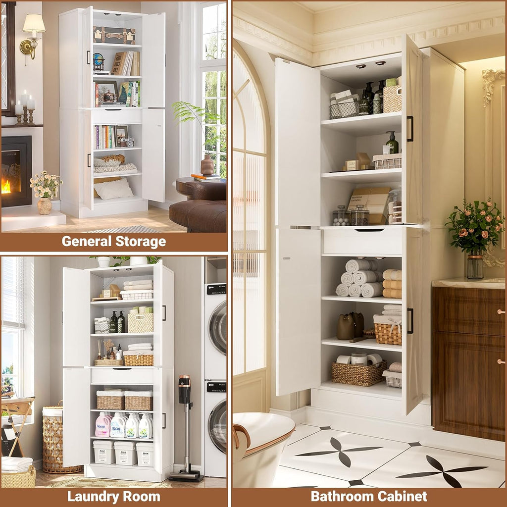 71" Tall Kitchen Pantry Storage Cabinet with Farmhouse Barn Doors and Storage Drawer, 4 Adjustable Shelves