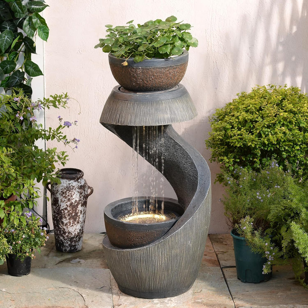 31.9" S-Shaped Water Outdoor Fountain - Modern Cascading Waterfall Feature with LED Lights & Planter Bowl