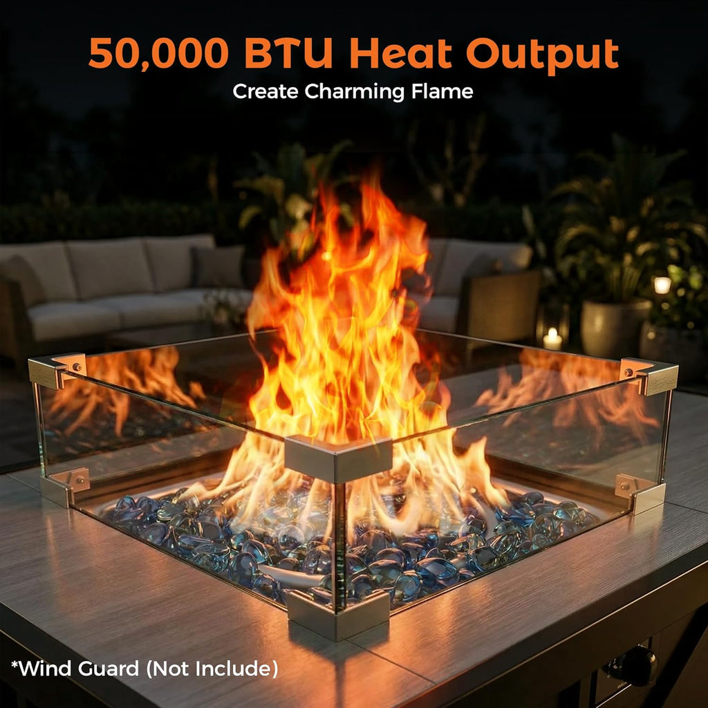 42 inch 50,000 BTU Rectangular Propane Gas Fire Pit Table with Fire Glass and Table Lid, Fire Pits Outdoor
