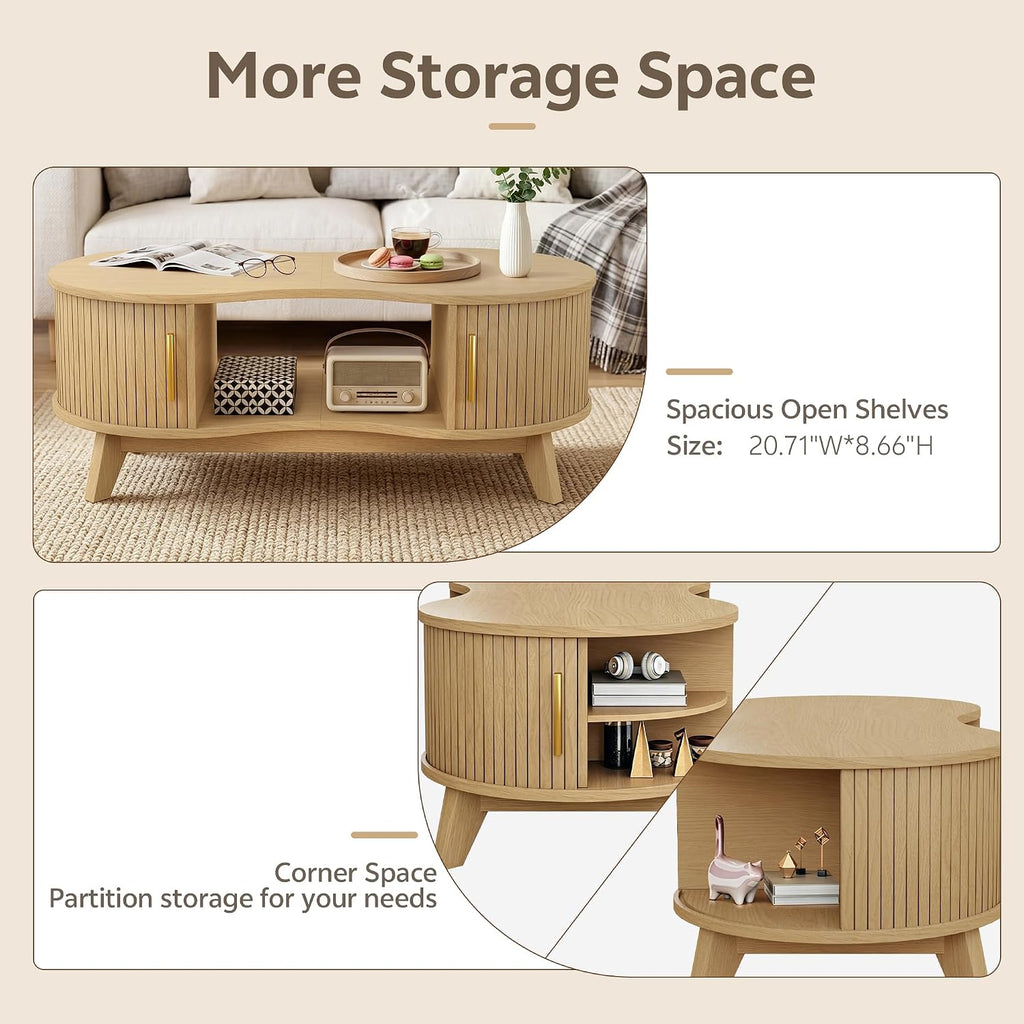 Coffee Table, Dual Oval Coffee Table with with Storage Cabinet and Sliding Tambour Door, 2-Tier Open Storage Shelf
