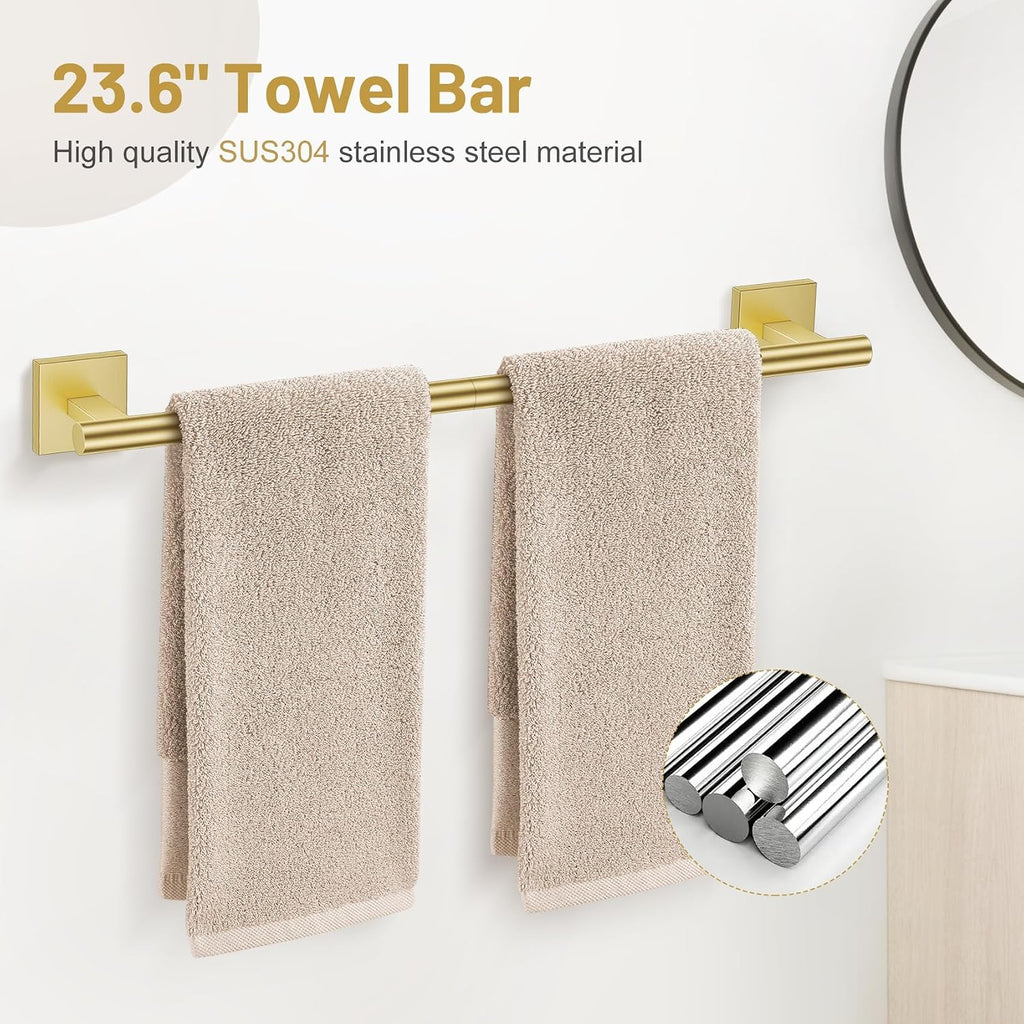 Brushed Gold Bathroom Accessories, Towel Bar Set Wall Mounted | 5 Pieces Bathroom Hardware Set, SUS304 Stainless