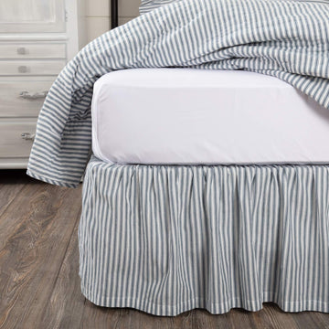 Sawyer Mill Ticking Striped Cotton Farmhouse Split Corners Gathered King Bed Skirt, 78x80x16, Blue Denim