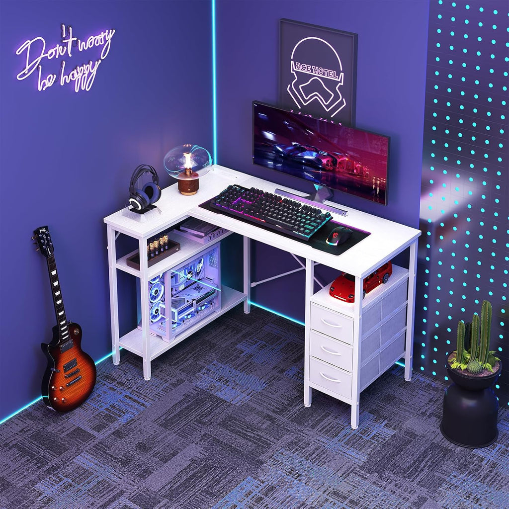 L Shaped Desk with Shelf Drawers 47 Inch, White Corner Computer Desks Gaming with Power Outlet