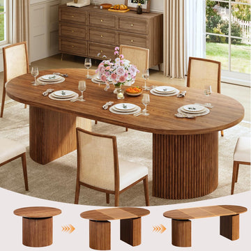 Extendable Round Dining Table for 4-8, 39in-77in Long Large Kitchen Table with Fluted Base, Space Saving Modern
