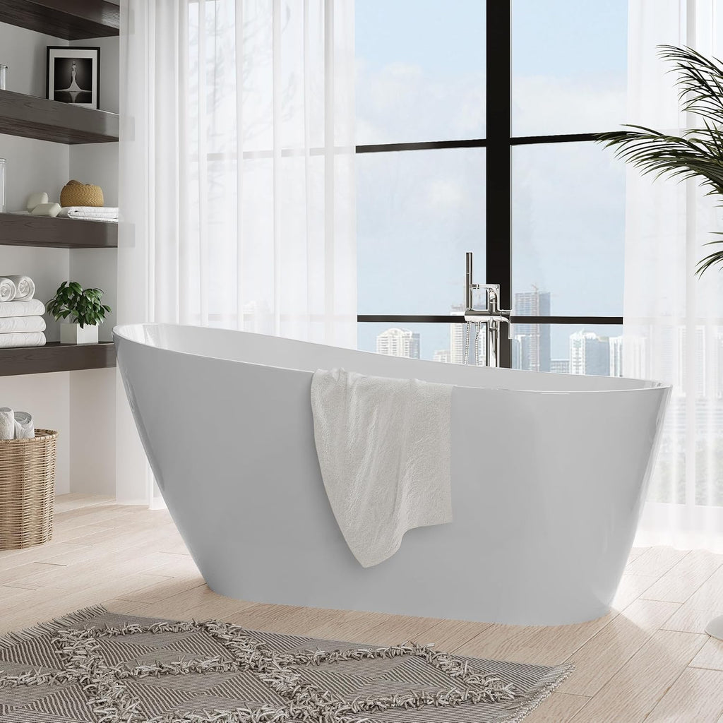 59 Inch Acrylic Freestanding Bathtub, Deep Soaking Tub with Non-Slip Base, CUPC Certified Free Standing Tub, Chrome