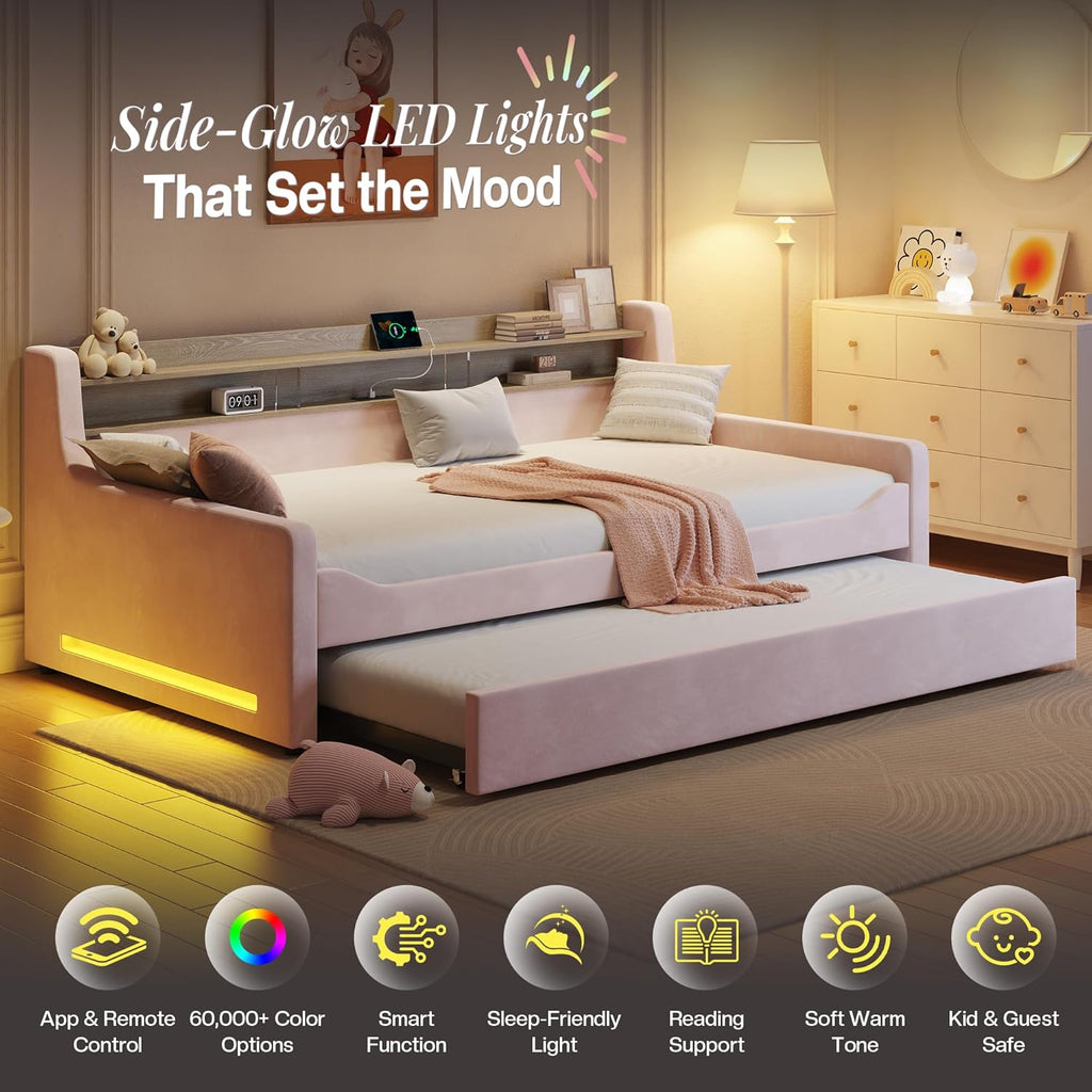 Twin Upholstered Daybed with Trundle and Charging Station, Pink | Storage Headboard, LED Bedside Light, USB Charging