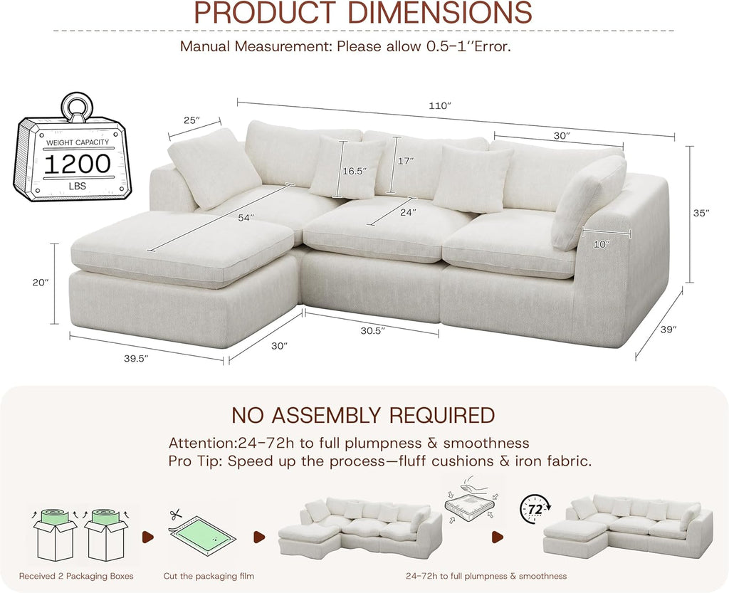 110'' Oversized Boneless Cloud Couch , Modern Big Sectional Compressed L Shape Couch with Ottoman, Comfy Chenille