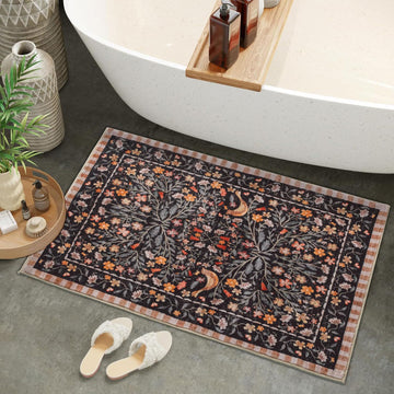 Black Bathroom Rug Funny Washable Bath Mat Non Slip, Print Rugs Boho Soft Shaggy Distressed Cute Bird Floral Bath Rug