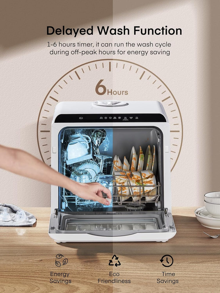 Countertop Dishwasher with Delay Start, No Hookup Needed, 5+1 Wash Programs, 360° Dual Spray, 167° High-Temp Wash