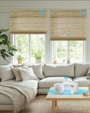 Motorized Bamboo Roman Blinds with Remote, Woven Roman Shades Compatible with Alexa Google Home, Automatic Bamboo