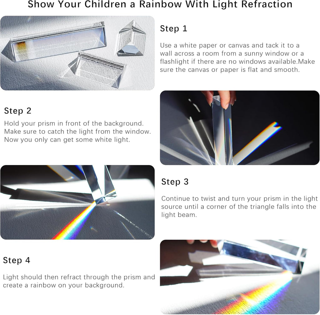 3pc Equilateral Crystal Prisms Set -1",2" & 4" Crystal Triangular Prism - Optical Prisms Glass Physics Teaching