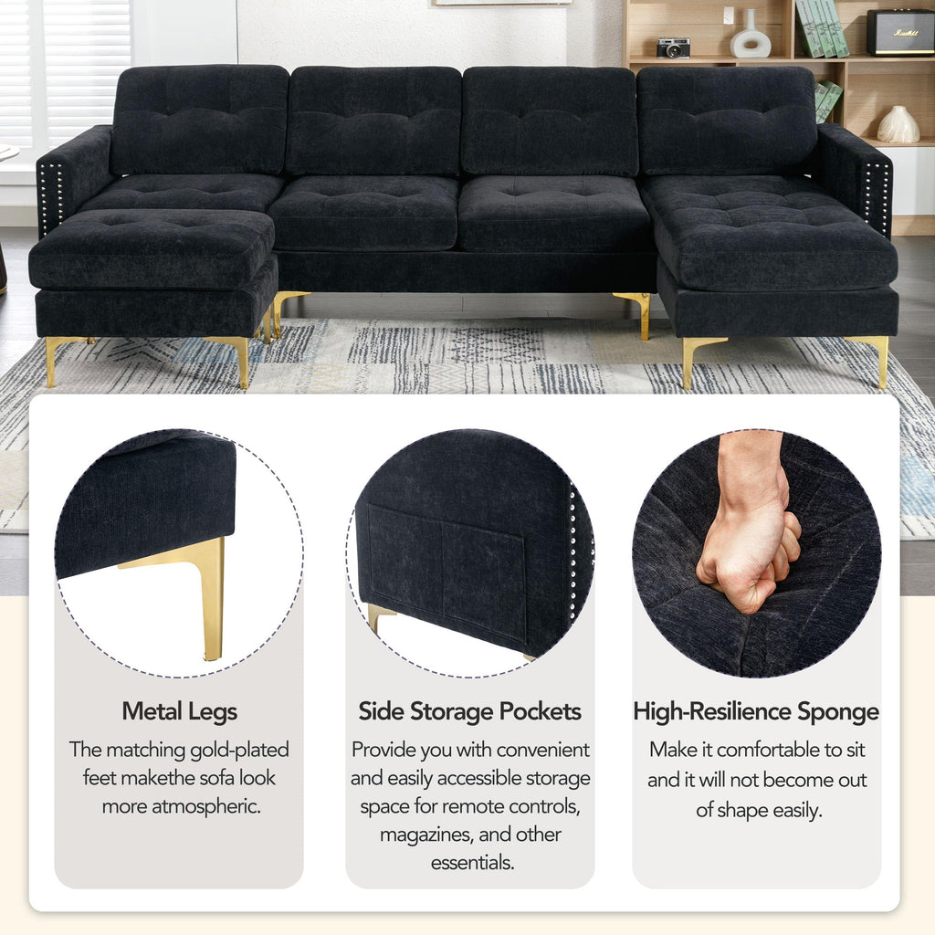 Velvet Modern Large Sectional Sofa (Black)