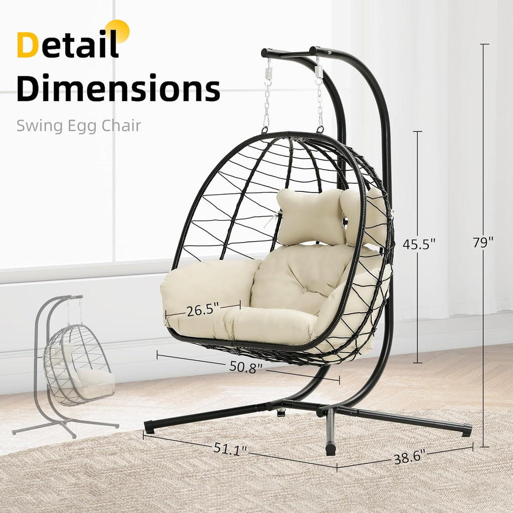 Double Egg Chair with Stand Hammock Swing Chair Foldable Hanging Loveseat, UV Resistant Removable Cushions, 700LBS