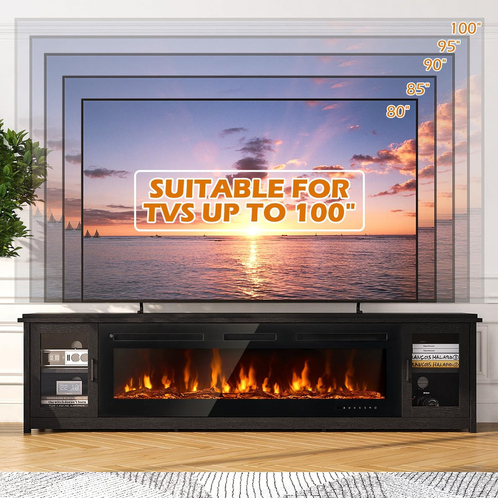 90" Fireplace TV Stand, Modern Entertainment Center with 60 Inch Electric Fireplace, Adjustable Shelf & Glass Door