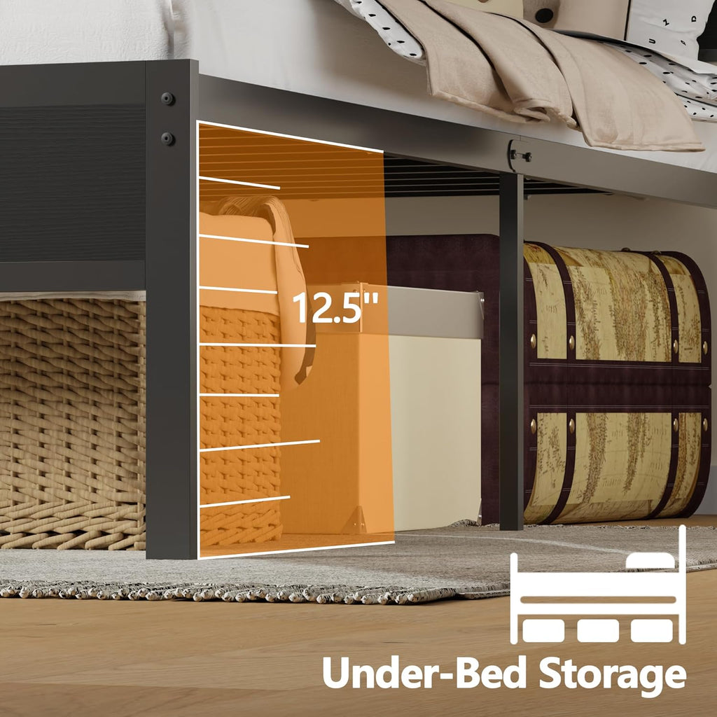Full Bed Frame with LED Light and Charging Station, Wood Storage Headboard with 2-Tier Shelves