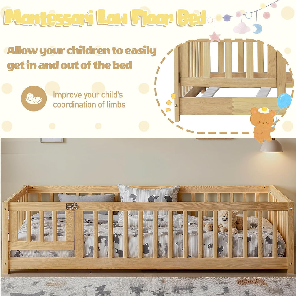 Montessori Twin Floor Bed Frame with Fence and Removable Door, Low Profile Twin Size Montessori Bed Frame for Kids