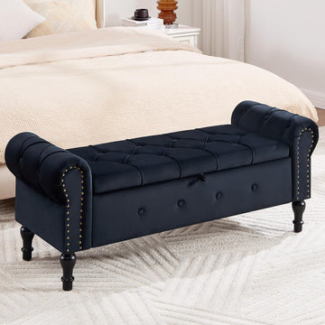 Storage Bench 51" Velvet End of Bed Benches Black | Queen Size Storage Bench with Rolled Arms Tufted Ottoman Benches