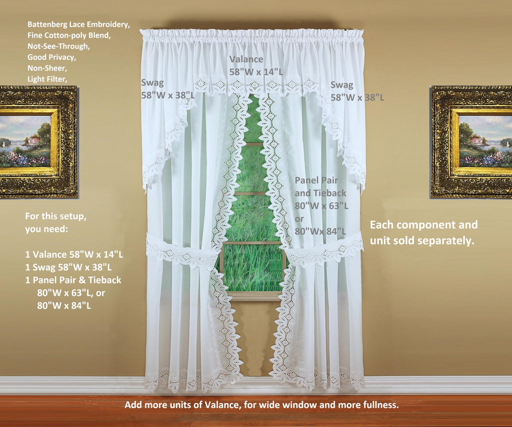 Heirloom Battenberg Eyelet Swag 38", White, 58" W x 38" L