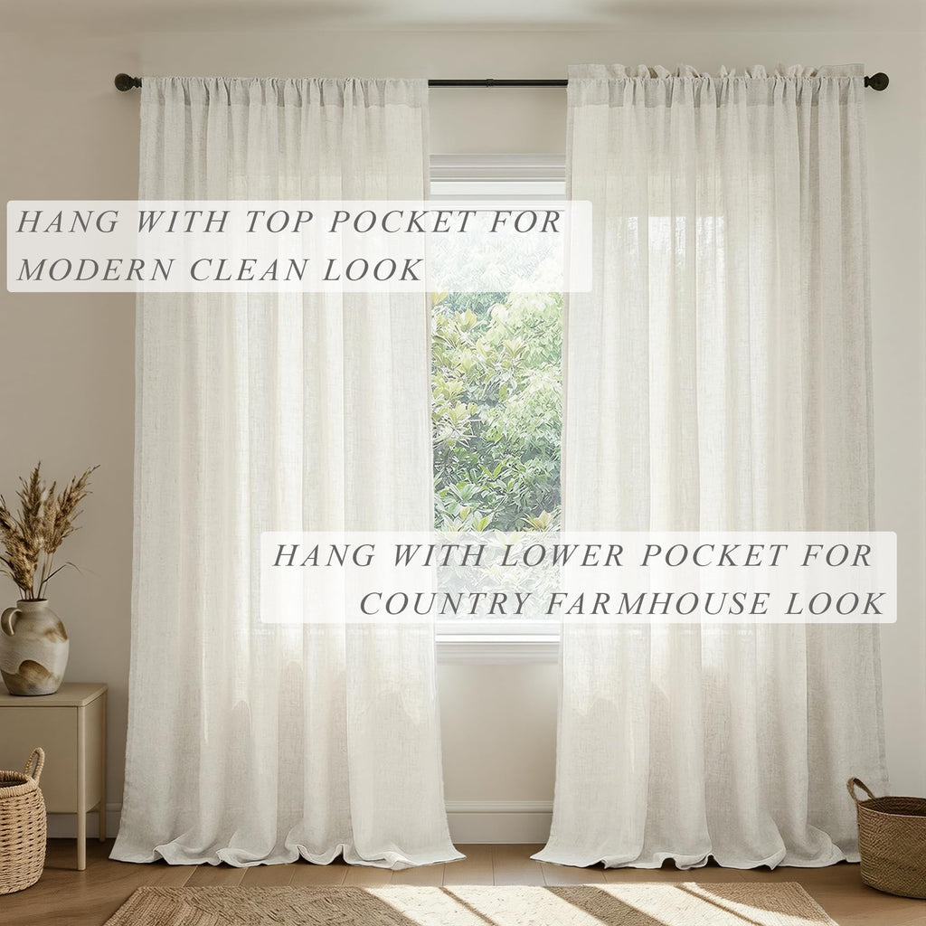 60 Inch Wide Natural Linen Curtains Light Reducing Sheer Large Window Curtain Panels Set of 2 Total Width 120 x 90