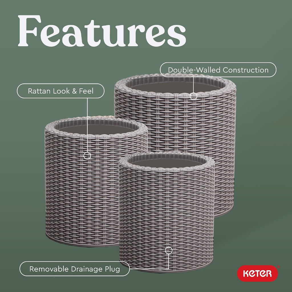 Cylinder Set of 3 Rattan Resin Planter for Indoor and Outdoor Plants Ideal Decorative Planter for Porches and Patio