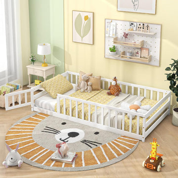 Twin Floor Bed for Kids, Wood Montessori Bed with Safety Guardrails, Floor Bed Frame for Kids, Boys, Girls, No Box