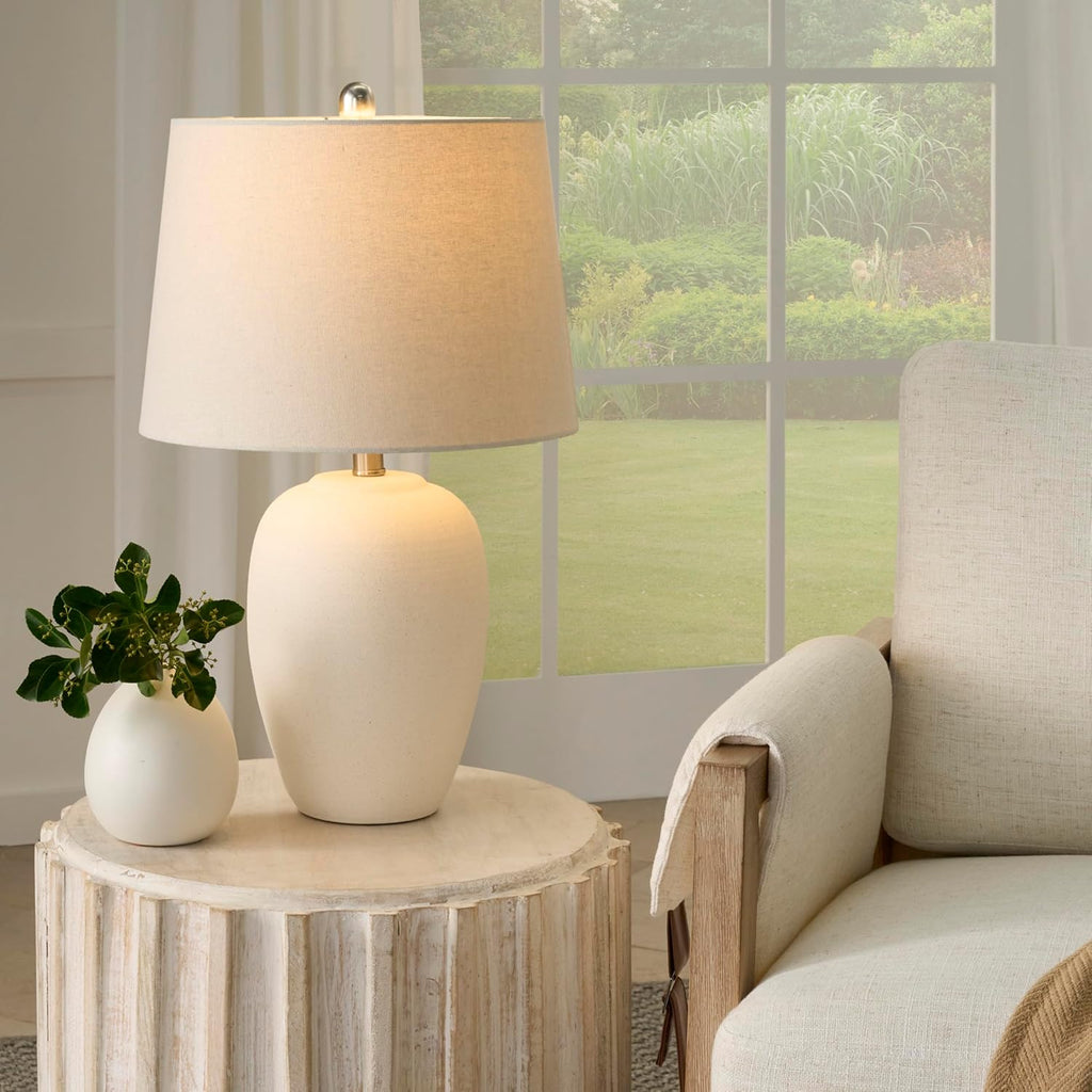 Home 23" Natural White Ceramic Jar Table Lamp, Dining Office, with Off-White Shade