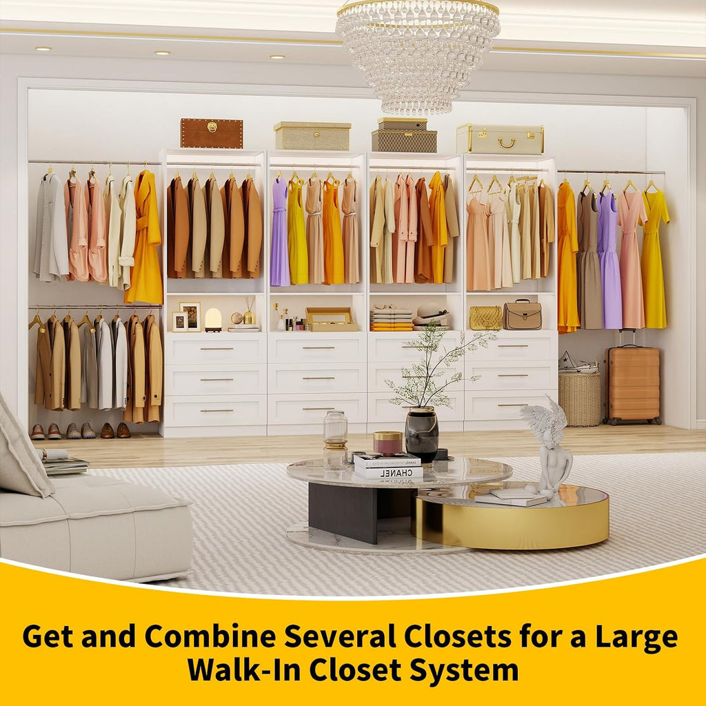 Closet System Set of 4, 8FT-21FT Walk in Closet System with 12 Drawers & 8 Adjustable Hanging Rods, Custom Closet