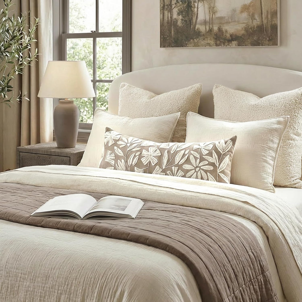 14x36 Lumbar Pillow Cover, Taupe Rectangular Long Throw Pillowcase, Embroidered Velvet Floral Tufted Farmhouse Accent