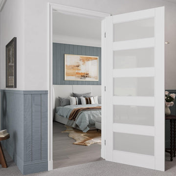 32" x 80" Prehung Door Interior, 5-Panel Tempered Frosted Glass Solid Core Door Slab with Easy Assembly Jamb Kit