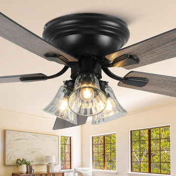 52 Inch Flush Mount Farmhouse Ceiling Fans with Lights and Remote Control