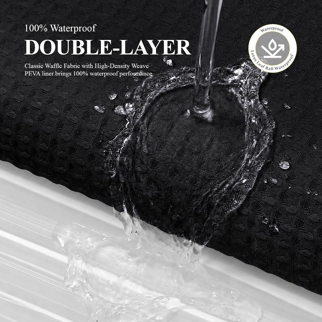 3 in 1 Waffle Shower Curtain Set with PEVA Liner 72Wx72H Black | 256GSM Heavy Duty Fabric, Waterproof Clear Liner