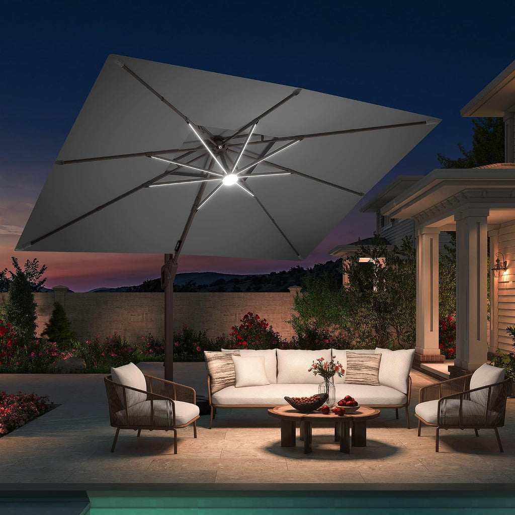 10 X 13 FT Cantilever Patio Umbrella with Base Included & Led Lights Outdoor Rectangle Offset Large Double Top Heavy - G