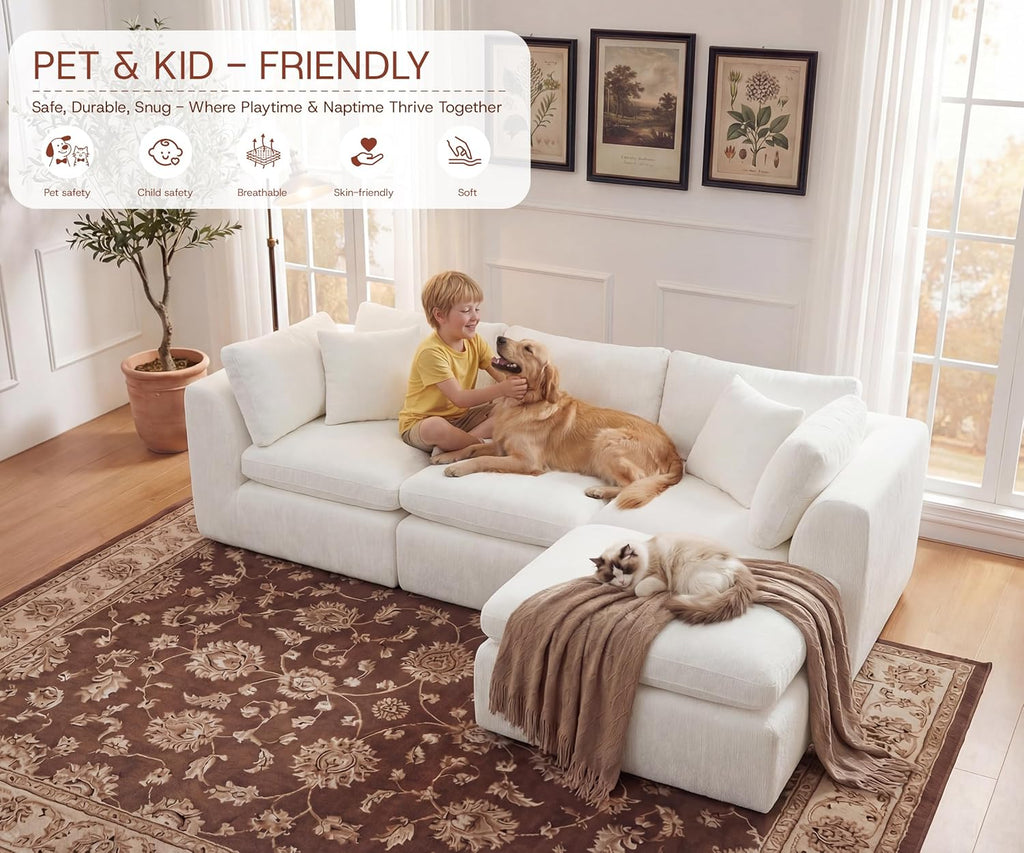 110'' Oversized Boneless Cloud Couch , Modern Big Sectional Compressed L Shape Couch with Ottoman, Comfy Chenille