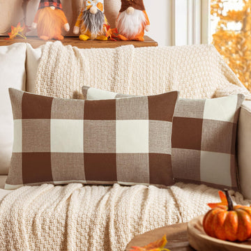 Fall Plaid Lumbar Pillow Covers 12x20 Brown Pack of 2