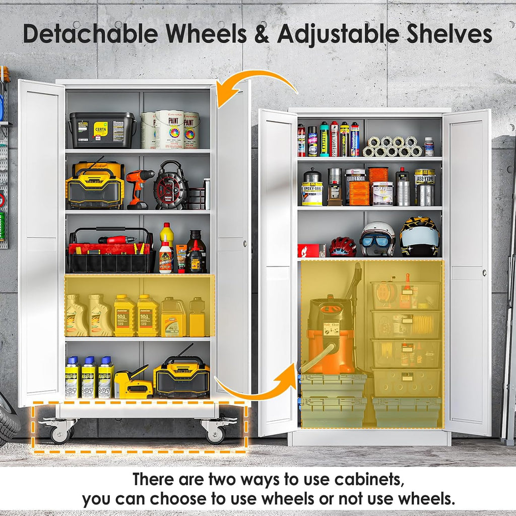 71''H Tall Metal Garage Storage Cabinet with Wheels,Steel File Cabinets with 2 Doors and 4 Adjustable Shelves